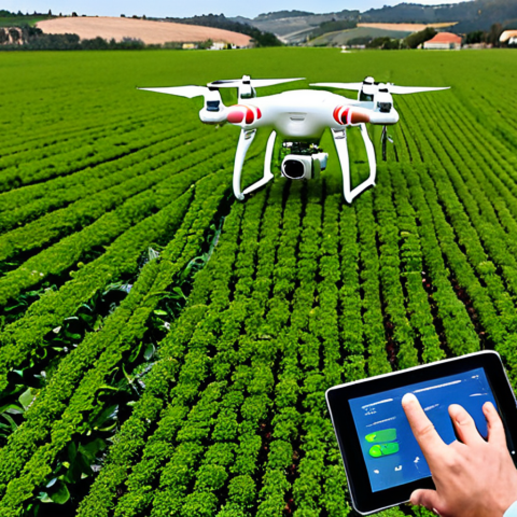 테크노피아 비전의 경제적 이점 - Modern Farm Automation**
"A drone equipped with sensors flying over a lush, green field in Portugal...