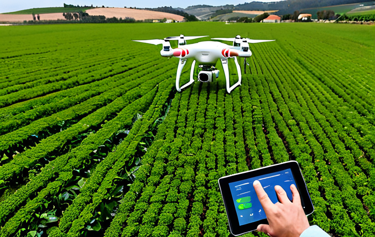 테크노피아 비전의 경제적 이점 - Modern Farm Automation**
"A drone equipped with sensors flying over a lush, green field in Portugal...
