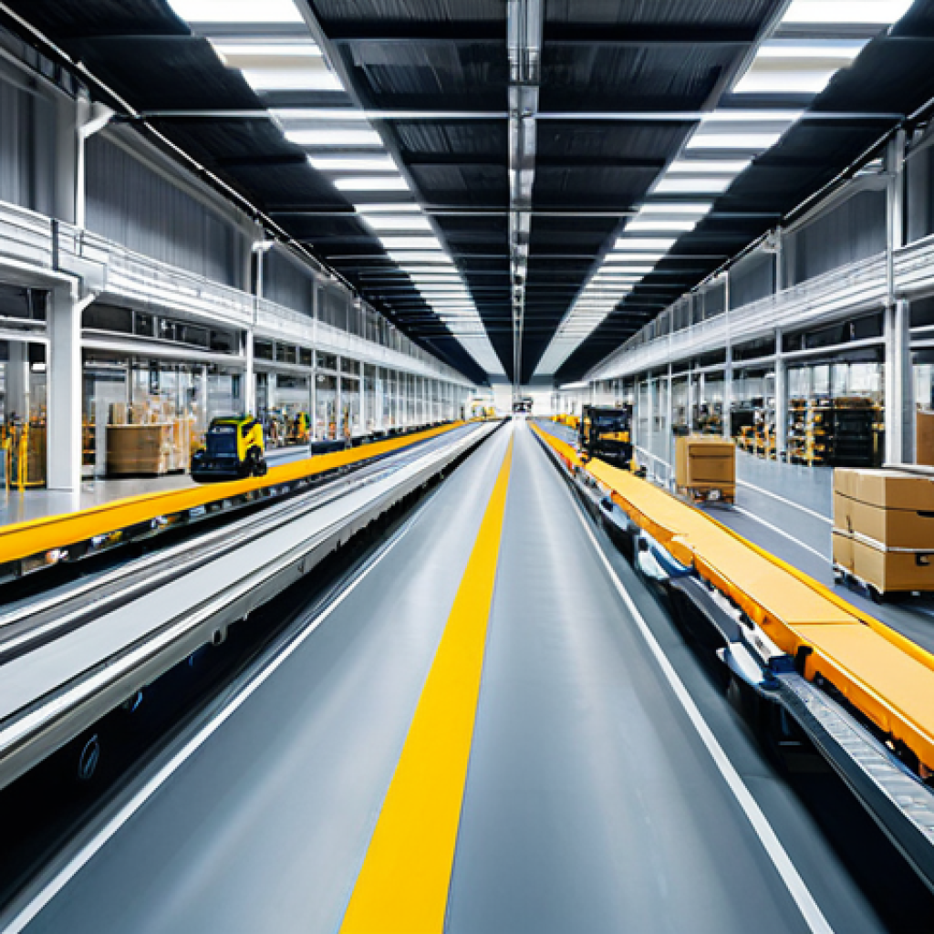 테크노피아 비전의 산업 혁신 사례 - Automated Logistics Hub**
"A bustling logistics center scene, with autonomous robots moving package...