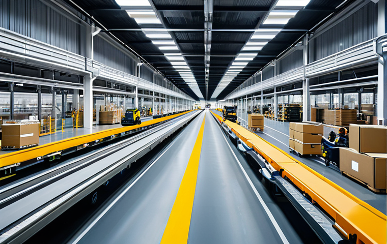 테크노피아 비전의 산업 혁신 사례 - Automated Logistics Hub**
"A bustling logistics center scene, with autonomous robots moving package...