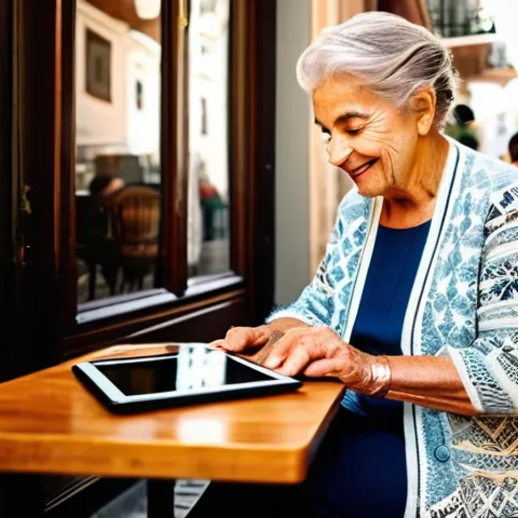 테크노피아 비전의 정책 평가 및 피드백 - **Prompt 1: Digital Inclusion in a Portuguese Café**
"A heartwarming scene in a charming, tradit...