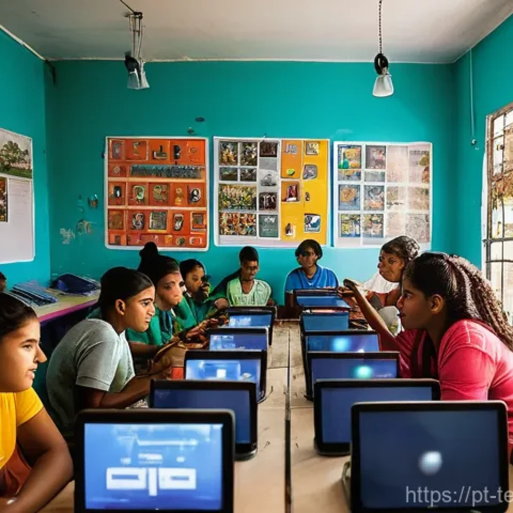 테크노피아 비전의 사회적 기업 모델 - **A Vibrant Community Telecenter in a Brazilian Favela**
A wide-angle, bright, and hopeful photo...