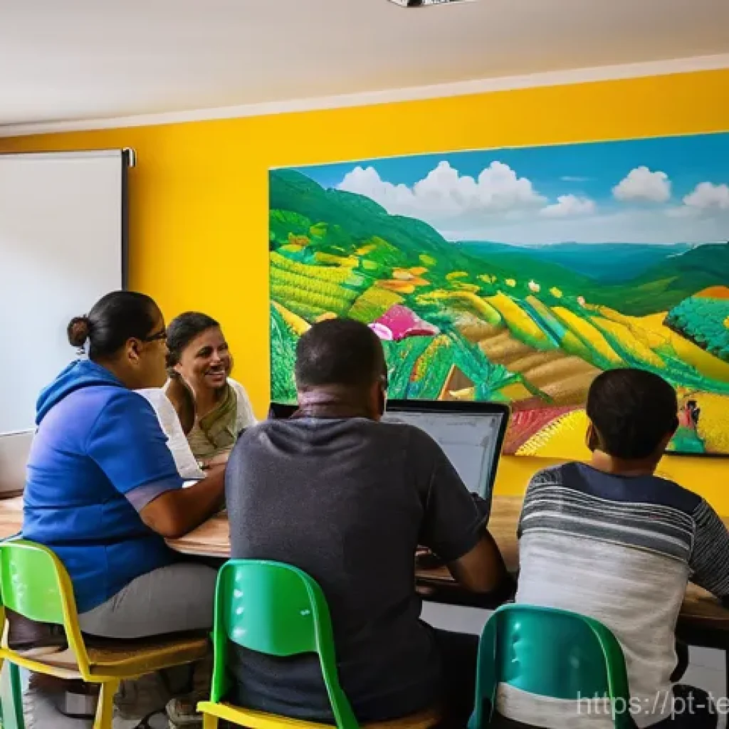 테크노피아 비전의 커뮤니티 참여 - A vibrant community center in a bustling Brazilian neighborhood, filled with a diverse group of peop...