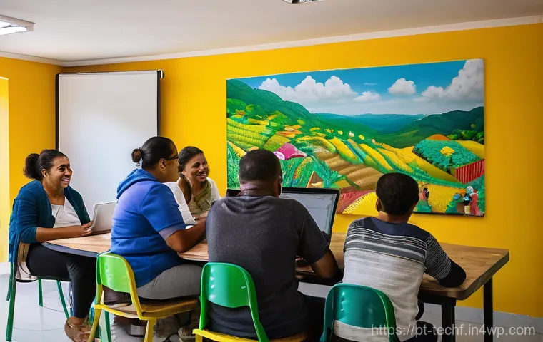 테크노피아 비전의 커뮤니티 참여 - A vibrant community center in a bustling Brazilian neighborhood, filled with a diverse group of peop...
