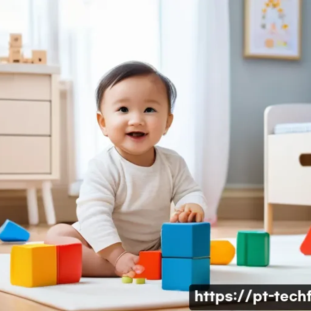 테크노피아 비전에서의 IoT 활용 - **Prompt:** A toddler wearing a clean diaper is happily playing with building blocks in a brightly l...