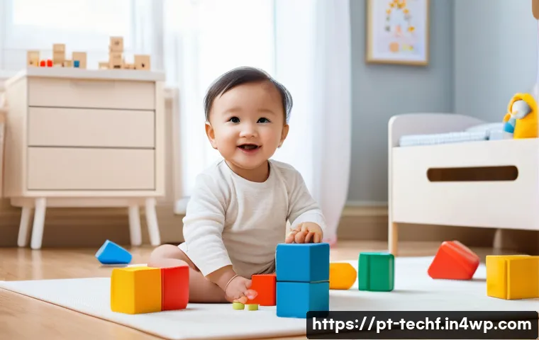 테크노피아 비전에서의 IoT 활용 - **Prompt:** A toddler wearing a clean diaper is happily playing with building blocks in a brightly l...