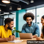 Home 22 테크노피아 비전의 문화적 다양성 - A vibrant, modern Brazilian startup office with a multicultural team collaborating enthusiastically ...