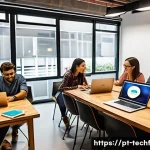 Home 21 테크노피아 비전과 스타트업 생태계 - A vibrant Brazilian startup ecosystem scene in a modern co-working space in São Paulo, featuring div...