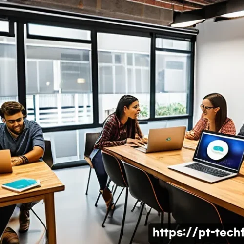 Home 33 테크노피아 비전과 스타트업 생태계 - A vibrant Brazilian startup ecosystem scene in a modern co-working space in São Paulo, featuring div...