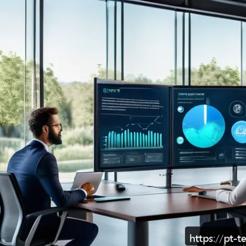 Home 31 테크노피아 비전의 데이터 관리 전략 - A modern corporate office environment showcasing a diverse team of professionals collaborating aroun...