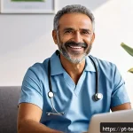 Home 18 테크노피아 비전의 헬스케어 혁신 - A modern telemedicine consultation scene in a cozy home office setting, featuring a middle-aged Braz...