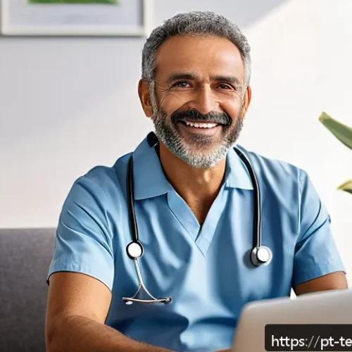 Home 30 테크노피아 비전의 헬스케어 혁신 - A modern telemedicine consultation scene in a cozy home office setting, featuring a middle-aged Braz...