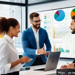 Home 23 테크노피아 비전의 데이터 시각화 기법 - A modern office environment with diverse professionals collaborating around a large interactive digi...